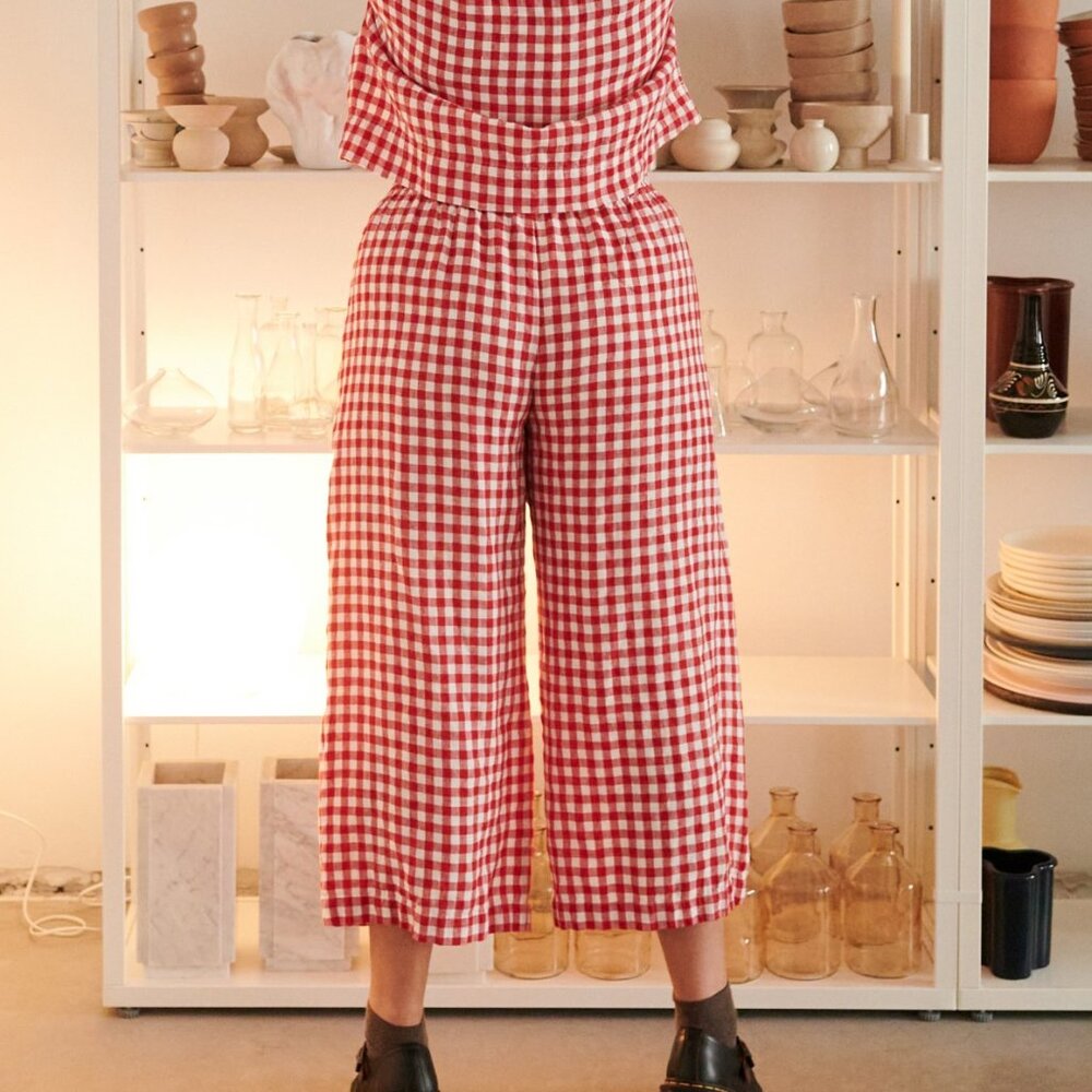 Linenfox - Ocean Linen Trousers Red Gingham, Extra long!